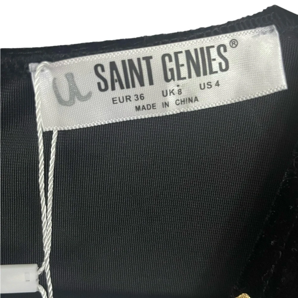 Saint Genies Heart Print Velvet Faux Wrap Mini Dress Black and Gold NWT - Picture 11 of 14